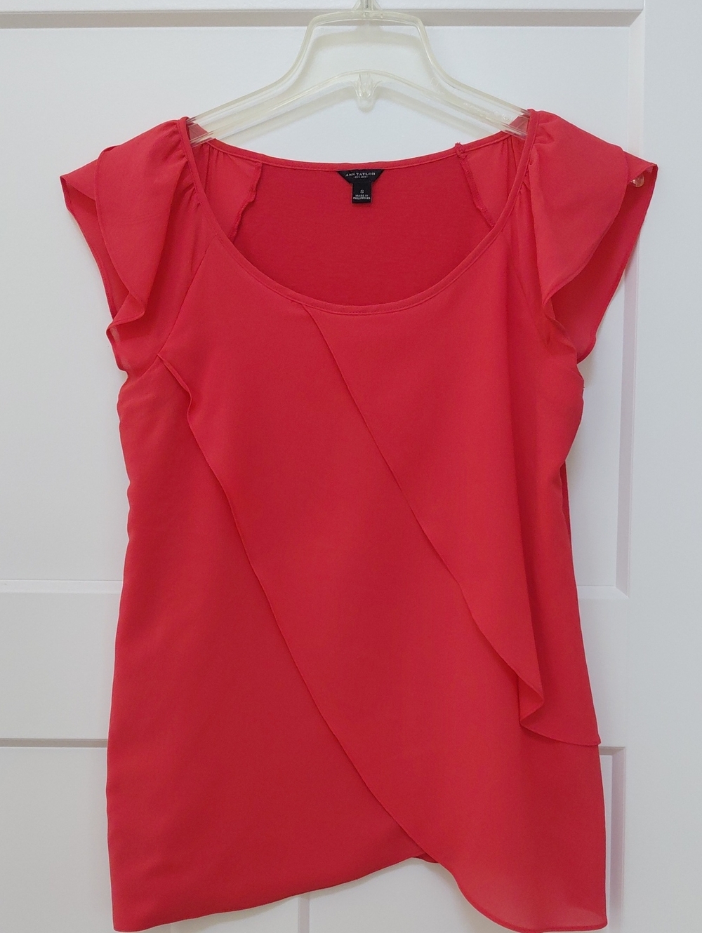 Ann Taylor Coral-Red Flutter Sleeve Overlay Blouse